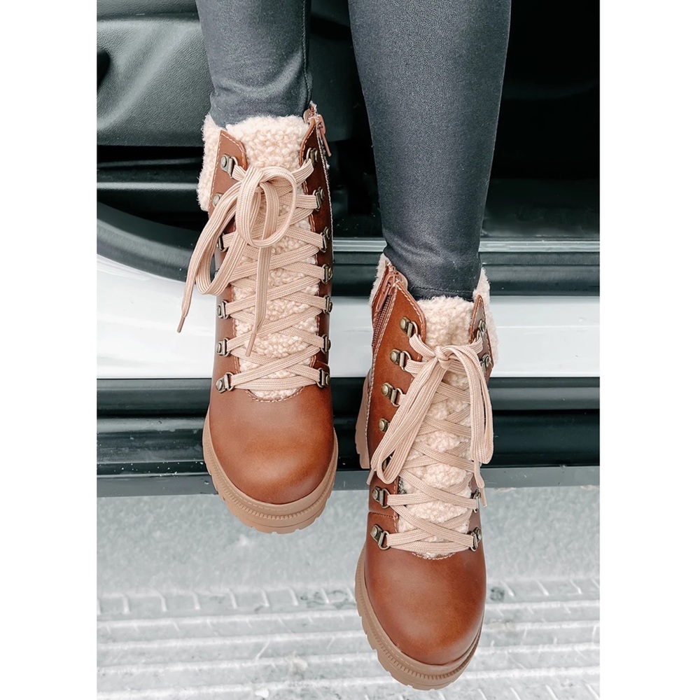 Brown Sherpa Lace-Up Lug Sole Combat Booties - Picture 4 of 16